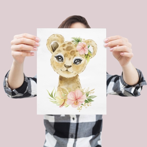 Cute Watercolor Floral Leopard Wall Art Print Poster Unframed - Picture 5 of 9